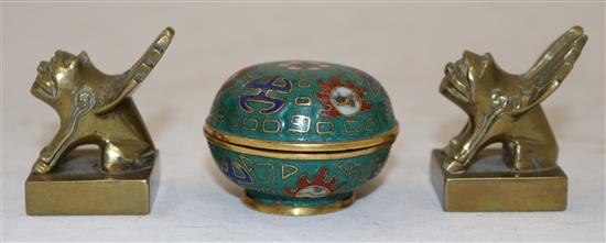 A Chinese cloisonne enamel incense box and cover & a pair of seals